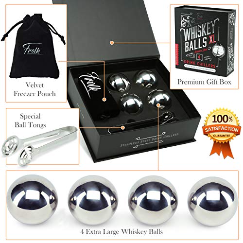 Frolk Gifts for Him - Men Dad Husband - 4 XL Stainless Steel Whisky Ice Balls, Special Tongs & Freezer Pouch in Luxury Gift Box for Whiskey Lovers! - Image 2