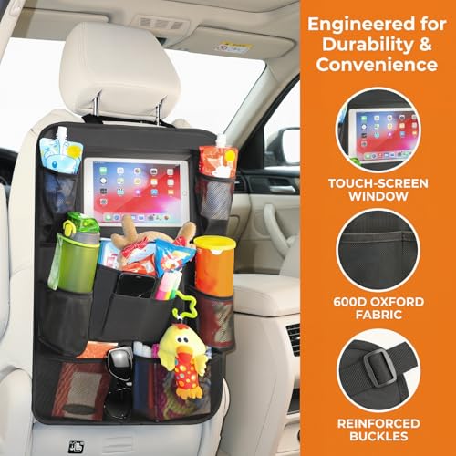 SANMITTI Backseat Car Organizer, 2 Pack Kick Mats Back Seat Protector with Touch Screen Tablet Holder, 9 Storage Pockets for Travel Accessories & Toys, Waterproof & Easy-Clean Black Protector - Image 3