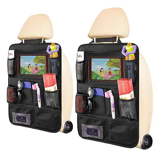 SANMITTI Backseat Car Organizer, 2 Pack Kick Mats Back Seat Protector with Touch Screen Tablet Holder, 9 Storage Pockets for Travel Accessories & Toys, Waterproof & Easy-Clean Black Protector - Image 1