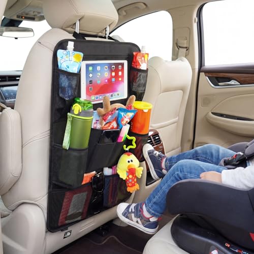 SANMITTI Backseat Car Organizer, 2 Pack Kick Mats Back Seat Protector with Touch Screen Tablet Holder, 9 Storage Pockets for Travel Accessories & Toys, Waterproof & Easy-Clean Black Protector - Image 5