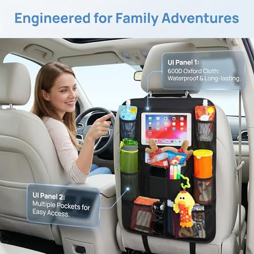SANMITTI Backseat Car Organizer, 2 Pack Kick Mats Back Seat Protector with Touch Screen Tablet Holder, 9 Storage Pockets for Travel Accessories & Toys, Waterproof & Easy-Clean Black Protector - Image 2