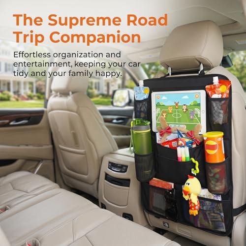 SANMITTI Backseat Car Organizer, 2 Pack Kick Mats Back Seat Protector with Touch Screen Tablet Holder, 9 Storage Pockets for Travel Accessories & Toys, Waterproof & Easy-Clean Black Protector - Image 4