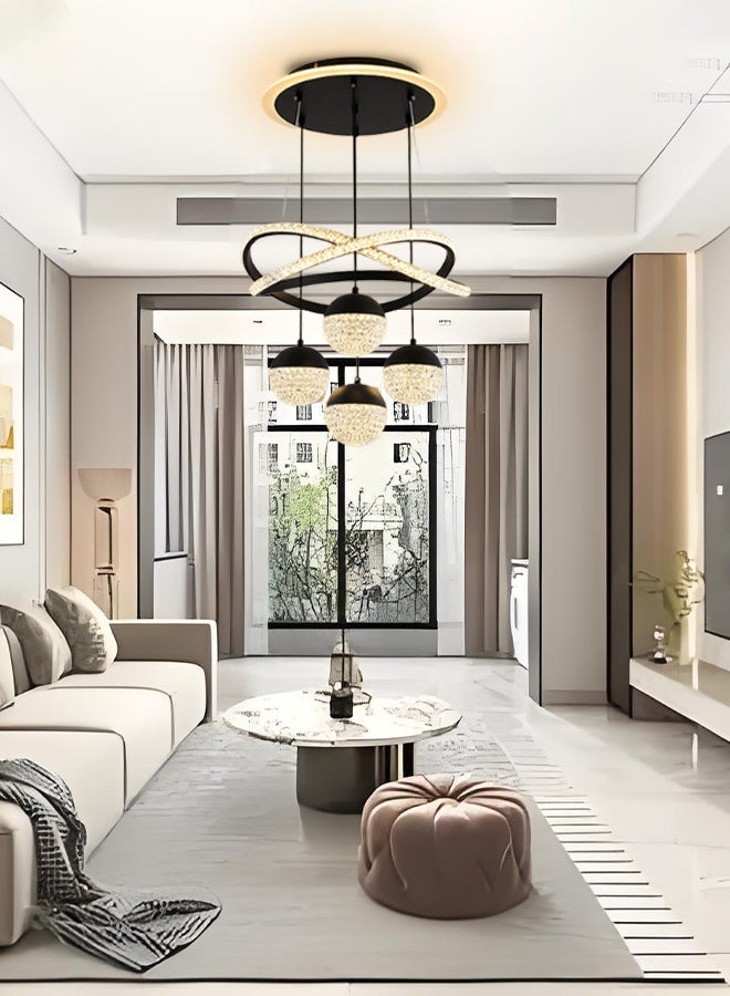 Creative personality modern minimalist black pendant lamp with 4 LED balls in the shape of glowing crossed rings Compatible with the living room and dining room black indoor lighting with a remote control - Image 2