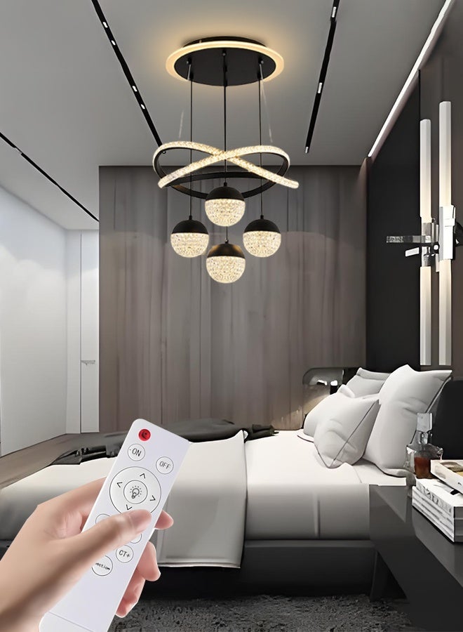 Creative personality modern minimalist black pendant lamp with 4 LED balls in the shape of glowing crossed rings Compatible with the living room and dining room black indoor lighting with a remote control - Image 1