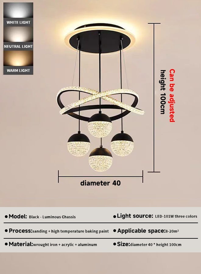 Creative personality modern minimalist black pendant lamp with 4 LED balls in the shape of glowing crossed rings Compatible with the living room and dining room black indoor lighting with a remote control - Image 4