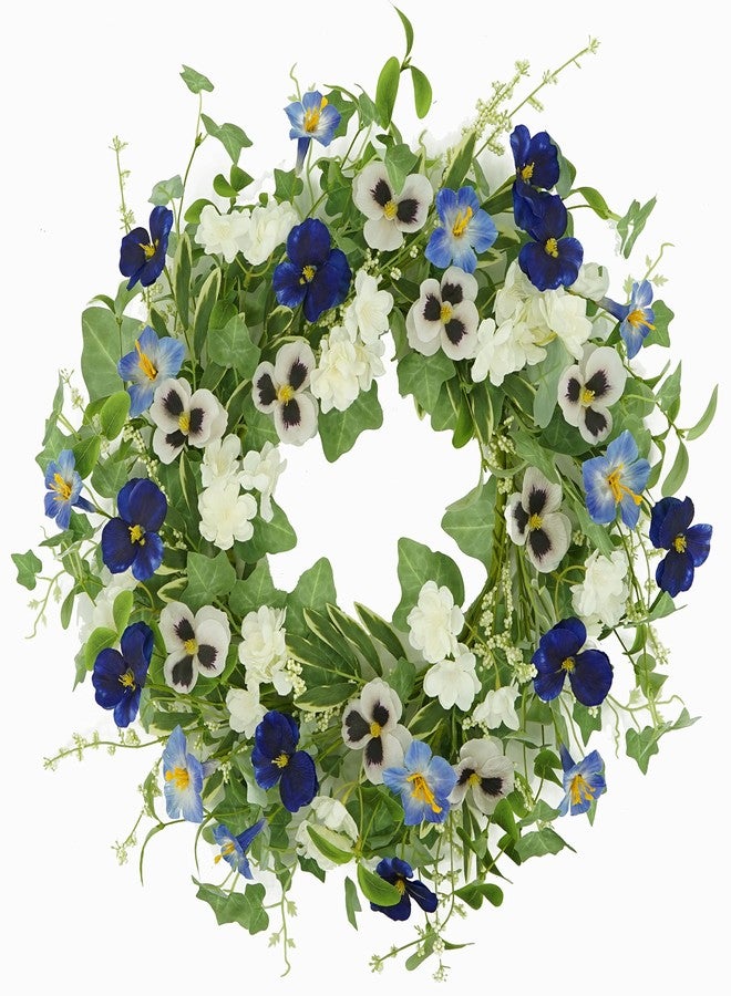 AMF0RESJ Artificial Spring Summer Wreath for Front Door with Pansy Flower,Lavender Morning Glory for Front Door Indoor Outdoor Farmhouse Home Wall Window Festival Wedding Decor, - Image 1