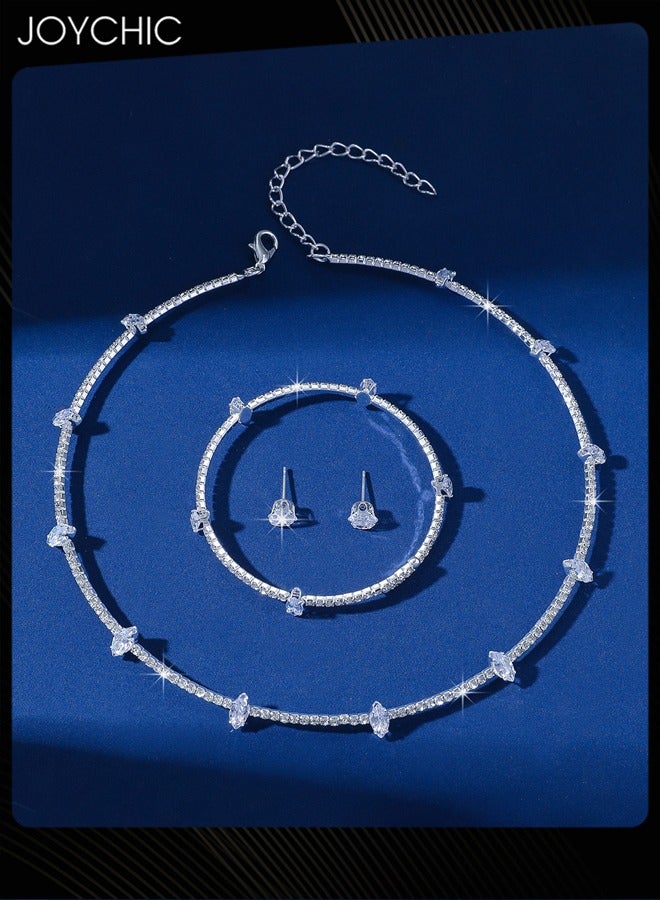 Joychic طقم مجوهرات نسائي مكون من 3 قطع، يتضمن سوار وأقراط ورقبة بتصميم هندسي من الزركون، أنيق وبسيط - Image 3
