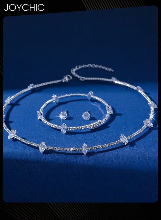 Joychic طقم مجوهرات نسائي مكون من 3 قطع، يتضمن سوار وأقراط ورقبة بتصميم هندسي من الزركون، أنيق وبسيط - Image 2