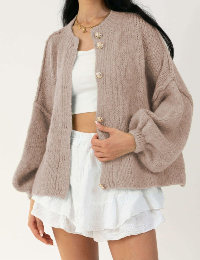 SeekMe Womens Cardigan Sweaters Casual Lightweight Long Sleeve Button Up Knit Oversized Fall Outwear (0006-Khaki-L) - Image 3