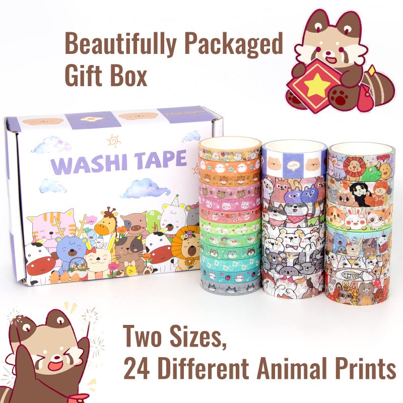 WAPETASHI Cute Washi Tape Set - 24 Rolls Kawaii Animals Gold Foil Decorative Masking Tape for Journaling, Scrapbooking, Kids DIY Crafts, Aesthetic Supplies, Planners, Bullet Journal - Image 2