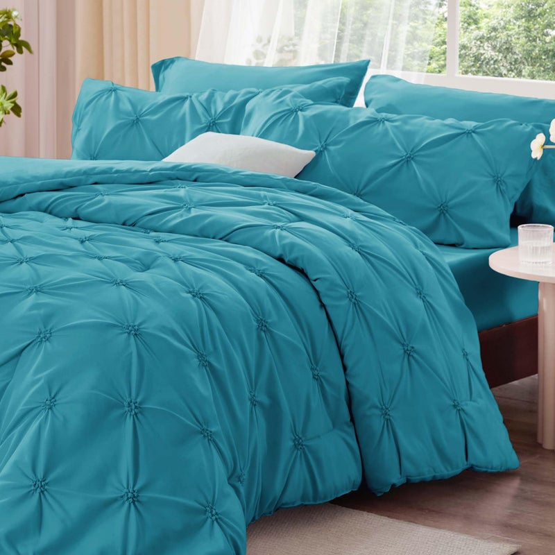 BEDELITE Teal King Size Comforter Set - 3 Pieces Boho Pintuck Bedding Comforter Sets, Lightweight Soft & Warm King Bedding Set with 2 Pillowcases for All Season - Image 2