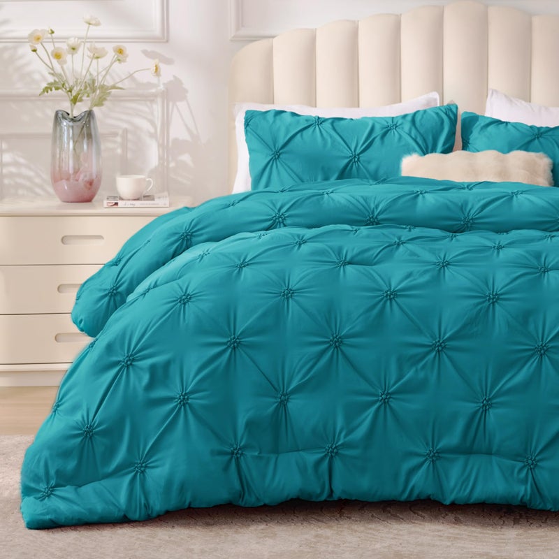 BEDELITE Teal King Size Comforter Set - 3 Pieces Boho Pintuck Bedding Comforter Sets, Lightweight Soft & Warm King Bedding Set with 2 Pillowcases for All Season - Image 1