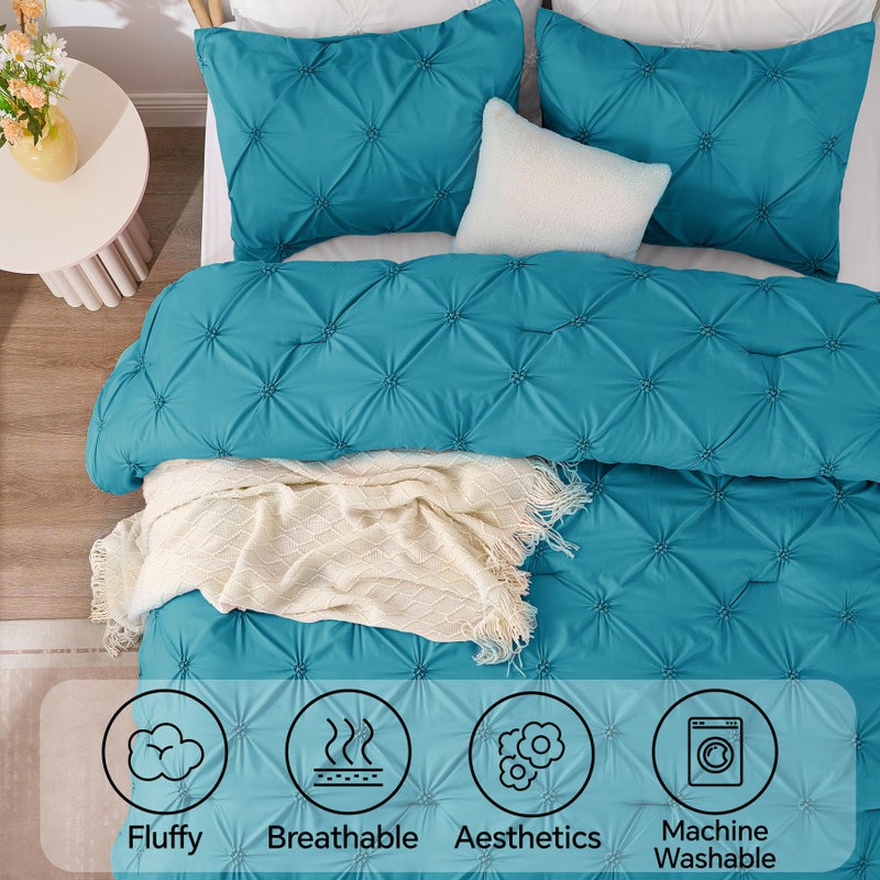 BEDELITE Teal King Size Comforter Set - 3 Pieces Boho Pintuck Bedding Comforter Sets, Lightweight Soft & Warm King Bedding Set with 2 Pillowcases for All Season - Image 5
