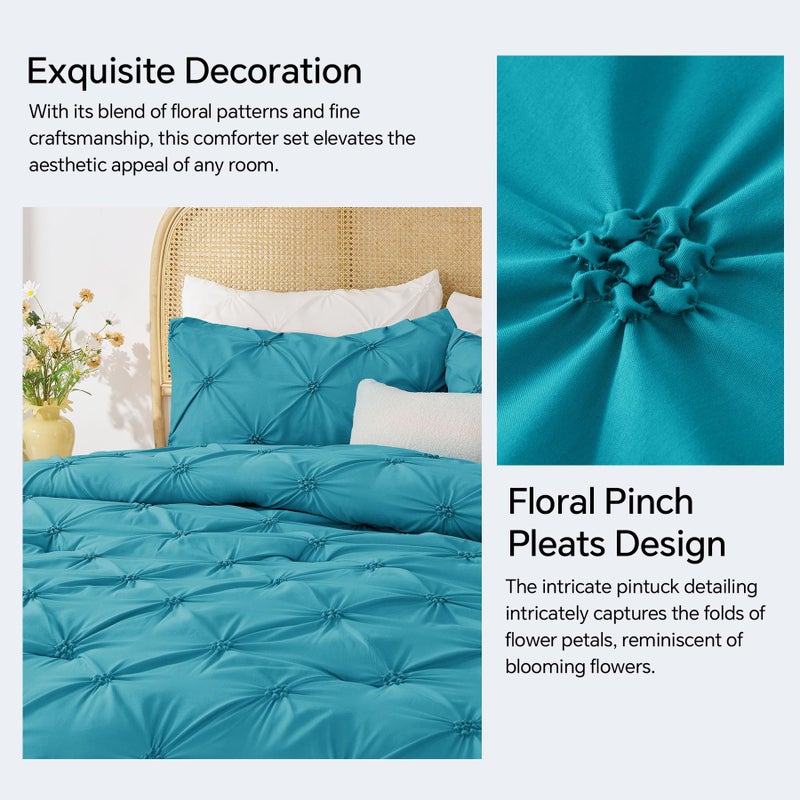 BEDELITE Teal King Size Comforter Set - 3 Pieces Boho Pintuck Bedding Comforter Sets, Lightweight Soft & Warm King Bedding Set with 2 Pillowcases for All Season - Image 4