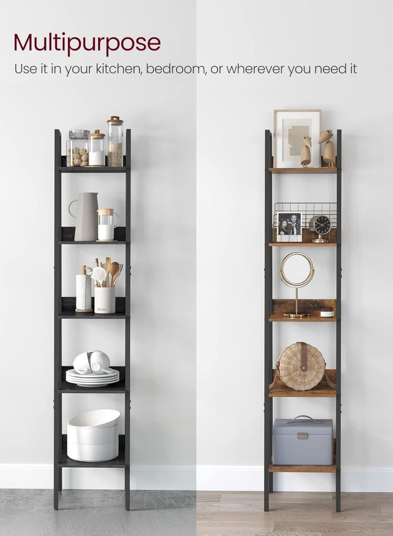 SHOELAY Bookshelf, 5-Tier Narrow Bookcase, Ladder Shelf for Home Office, Living Room, Bedroom, Kitchen, Ebony Black and Ink Black - Image 4