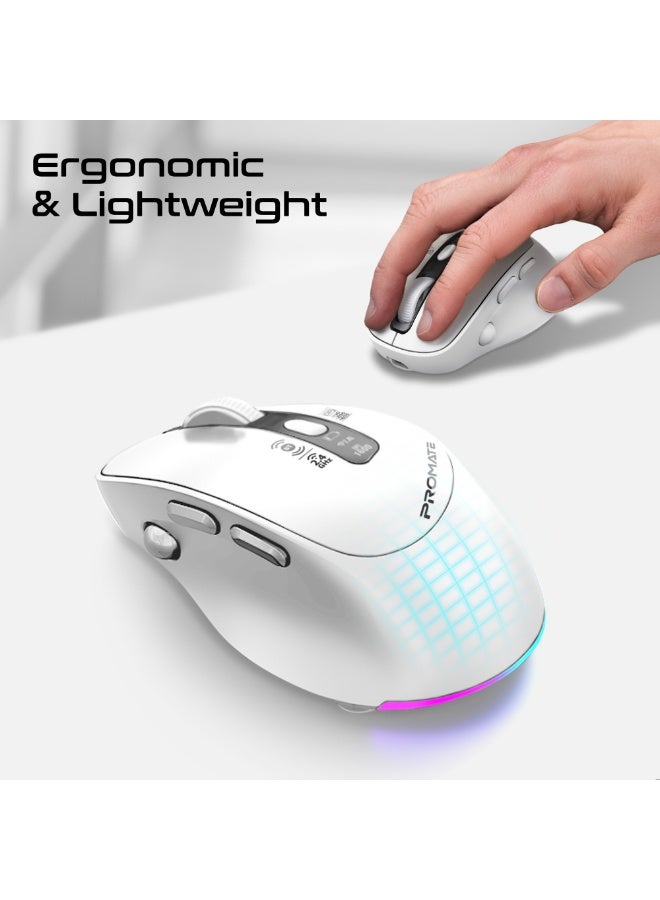 Promate Blix-3M Triple-Mode Wireless Mouse, Silent Click 7D Buttons, BT5.1 Dual Channel + 2.4GHz, OLED Display, RGB Lighting, 1600DPI, USB-C Rechargeable, Ergonomic Multi-Device Control White white - Image 2