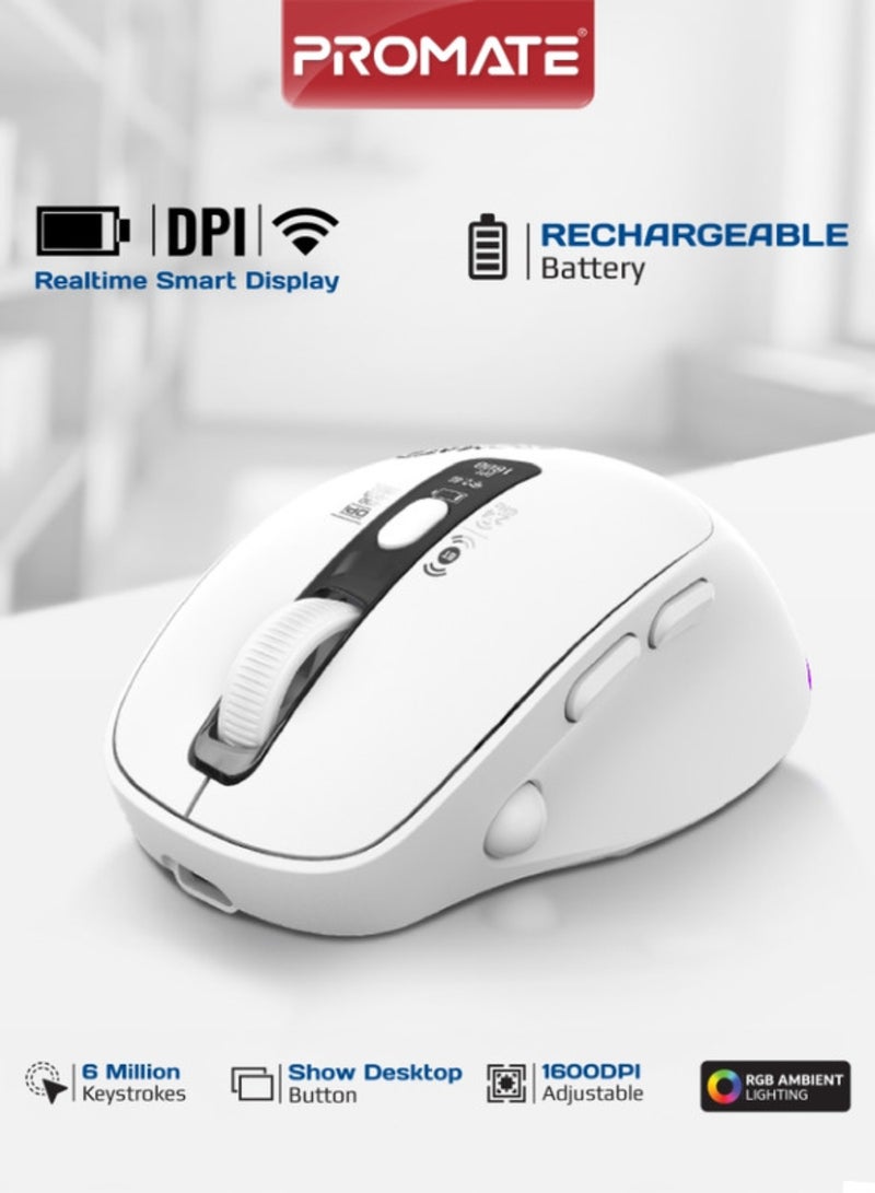 Promate Blix-3M Triple-Mode Wireless Mouse, Silent Click 7D Buttons, BT5.1 Dual Channel + 2.4GHz, OLED Display, RGB Lighting, 1600DPI, USB-C Rechargeable, Ergonomic Multi-Device Control White white - Image 1