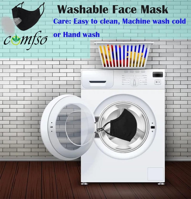 comfso Black Face Mask,Cloth Reusable Face Masks, Adjustable Ear Loops, Travel Masks, Breathable Adult Masks Washable for Men Women - Image 3