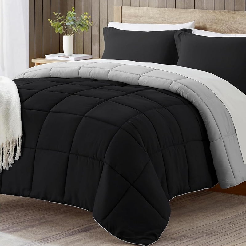 Bed Comforter with Lightweight & Soft Down Alternative | Reversible Cooling Comforter for bedding Duvet Inserts for All Seasons with Washable Microfiber Quilt (Black/Grey, 220 x 260cm) - Image 1