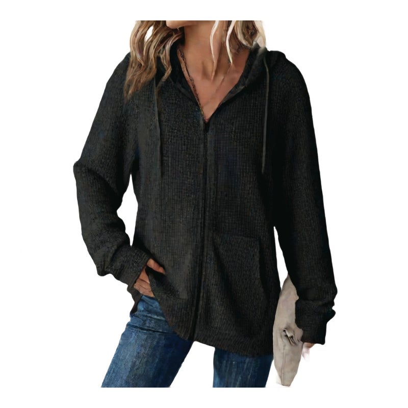 Women's Waffle Knit Hooded Drawstring Long Sleeve Sweatshirt Casual Pullover - Image 1