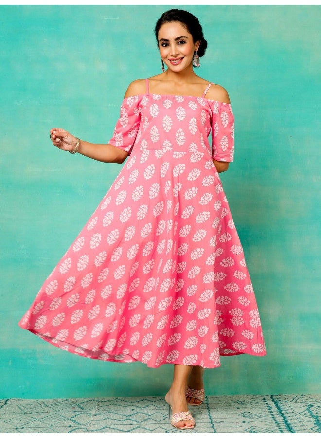 AKS Pink & White Printed Flared Dress  - Image 1