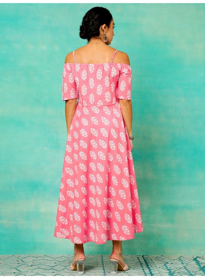 AKS Pink & White Printed Flared Dress  - Image 4