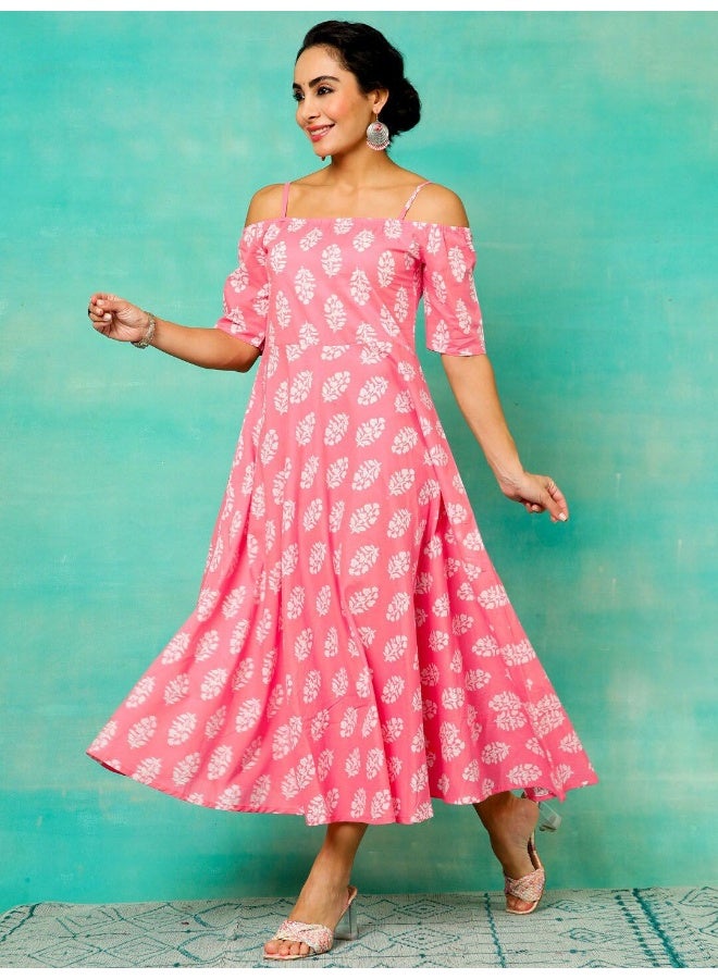 AKS Pink & White Printed Flared Dress  - Image 5
