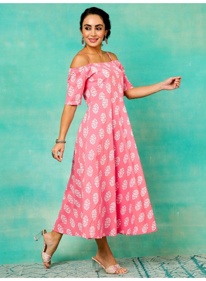 AKS Pink & White Printed Flared Dress  - Image 3