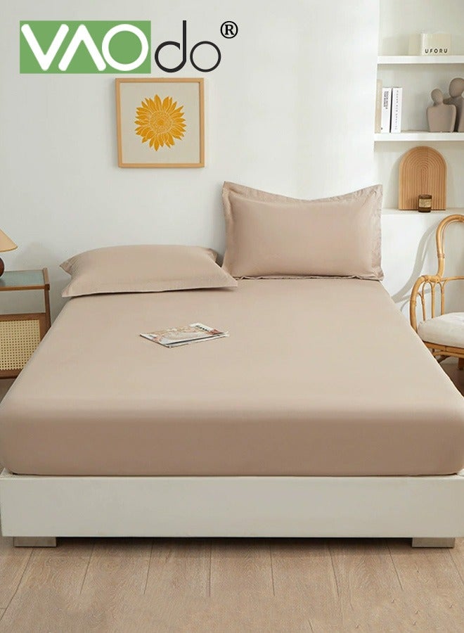 VAOdo 3PCS Bedding Fitted Sheet Set, Breathable Cooling and Skin-friendly Material Deep-Pocket Sheet, Super Soft Thickened Fitted Bedsheet Set Fitted Bedsheet Set, 1 Fitted Sheet and 2 Pillowcases Beige - Image 1