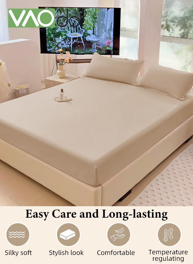 VAOdo 3PCS Bedding Fitted Sheet Set, Breathable Cooling and Skin-friendly Material Deep-Pocket Sheet, Super Soft Thickened Fitted Bedsheet Set Fitted Bedsheet Set, 1 Fitted Sheet and 2 Pillowcases Beige - Image 2