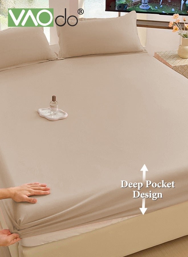 VAOdo 3PCS Bedding Fitted Sheet Set, Breathable Cooling and Skin-friendly Material Deep-Pocket Sheet, Super Soft Thickened Fitted Bedsheet Set Fitted Bedsheet Set, 1 Fitted Sheet and 2 Pillowcases Beige - Image 3