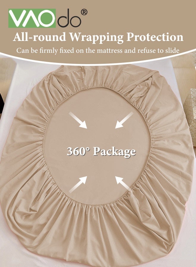 VAOdo 3PCS Bedding Fitted Sheet Set, Breathable Cooling and Skin-friendly Material Deep-Pocket Sheet, Super Soft Thickened Fitted Bedsheet Set Fitted Bedsheet Set, 1 Fitted Sheet and 2 Pillowcases Beige - Image 4