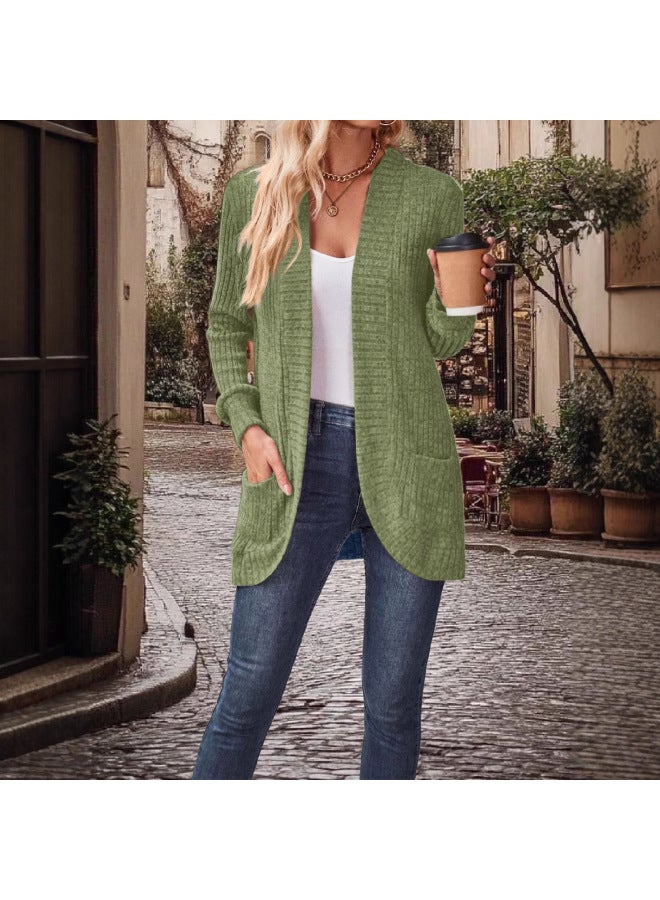 European And American Fashion Popular Autumn And Winter Fashion Long-sleeved Loose Casual Solid Color Pocket Cardigan Knitted Jacket