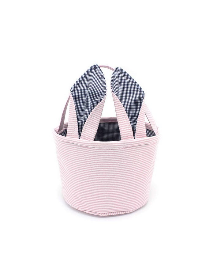 LO LORD LO - Easter Baskets Seersucker Easter Bunny Bag Bucket for Easter Egg Hunt Bunny Ears Design (Pink) - Image 1