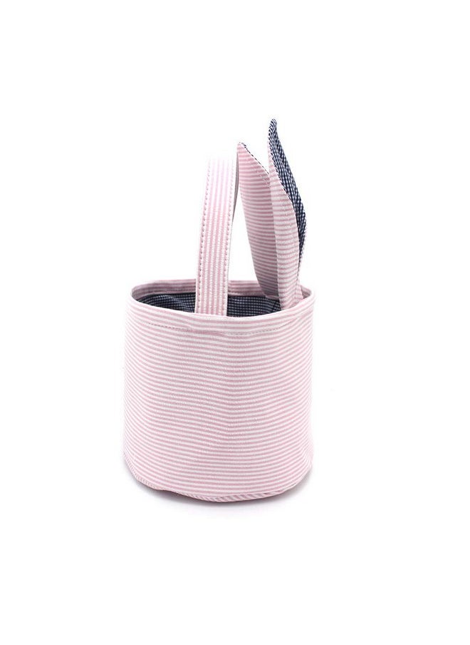 LO LORD LO - Easter Baskets Seersucker Easter Bunny Bag Bucket for Easter Egg Hunt Bunny Ears Design (Pink) - Image 1