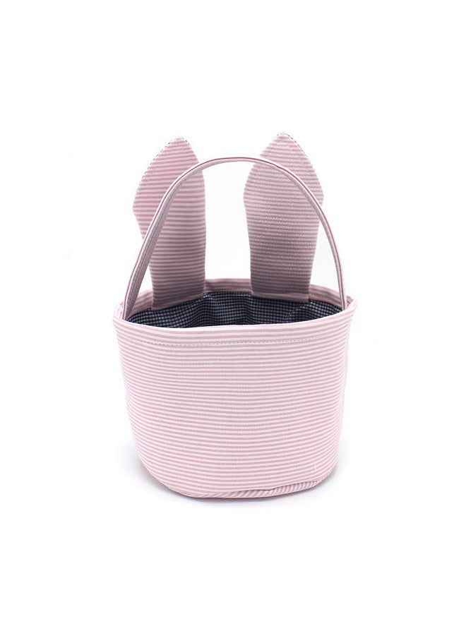 LO LORD LO - Easter Baskets Seersucker Easter Bunny Bag Bucket for Easter Egg Hunt Bunny Ears Design (Pink) - Image 1