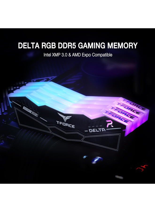 TeamGroup ذاكرة رام T-Force Delta RGB DDR5 سعة 32 جيجابايت (2x16 جيجابايت) 6400 ميجاهرتز PC5-51200 CL32 A-DIE لوحدة ذاكرة سطح المكتب للشرائح من سلسلة 600 و 700 جاهزة XMP 3.0 باللون الأسود - FF3D532G6400HC32ADC01 - Image 2