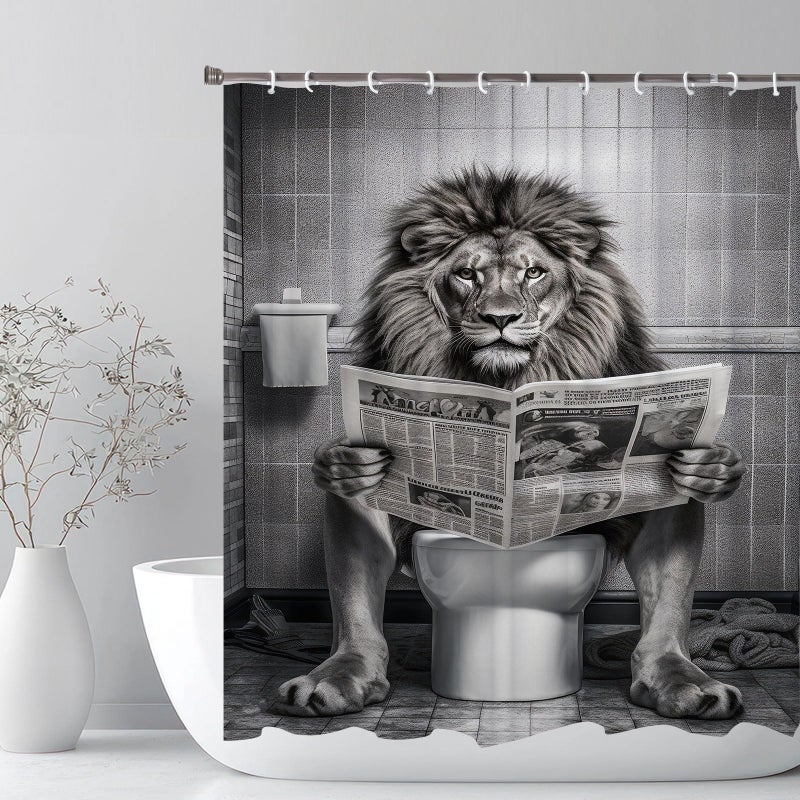 LKFBSC Funny Lion Shower Curtain, Fancy Humor Leo Animal on Toilet Shower Curtains Set, Black and White Funky Shower Curtains, Large Cat Man Grey Bathroom Curtain 72x72 inch - Image 3