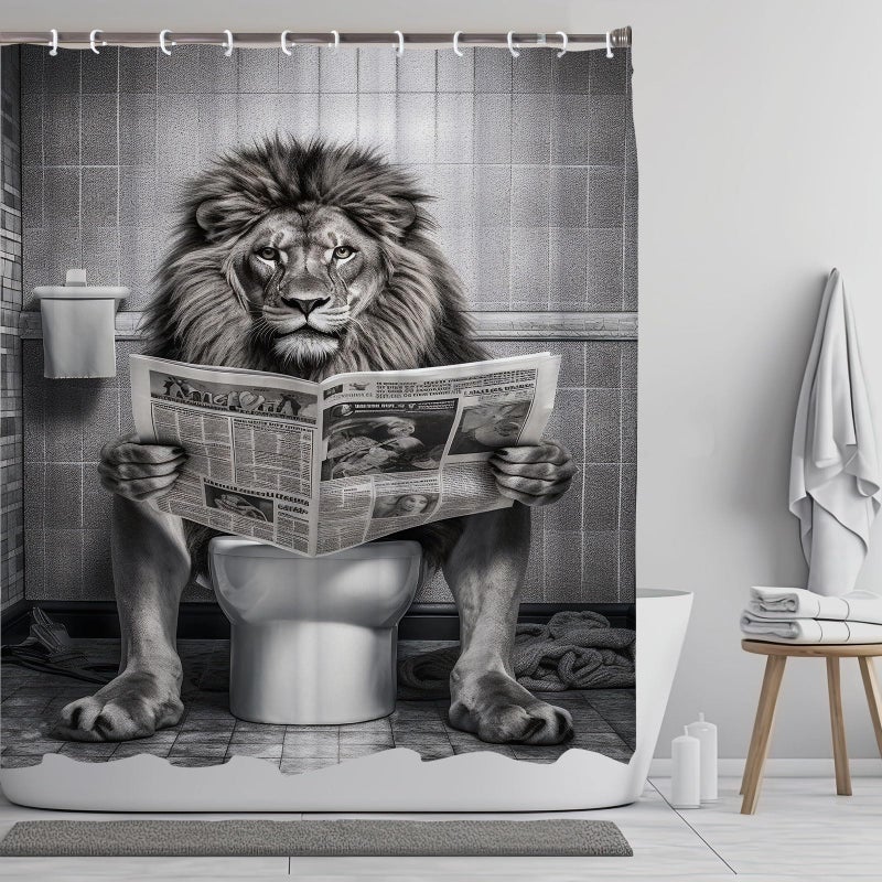 LKFBSC Funny Lion Shower Curtain, Fancy Humor Leo Animal on Toilet Shower Curtains Set, Black and White Funky Shower Curtains, Large Cat Man Grey Bathroom Curtain 72x72 inch - Image 2