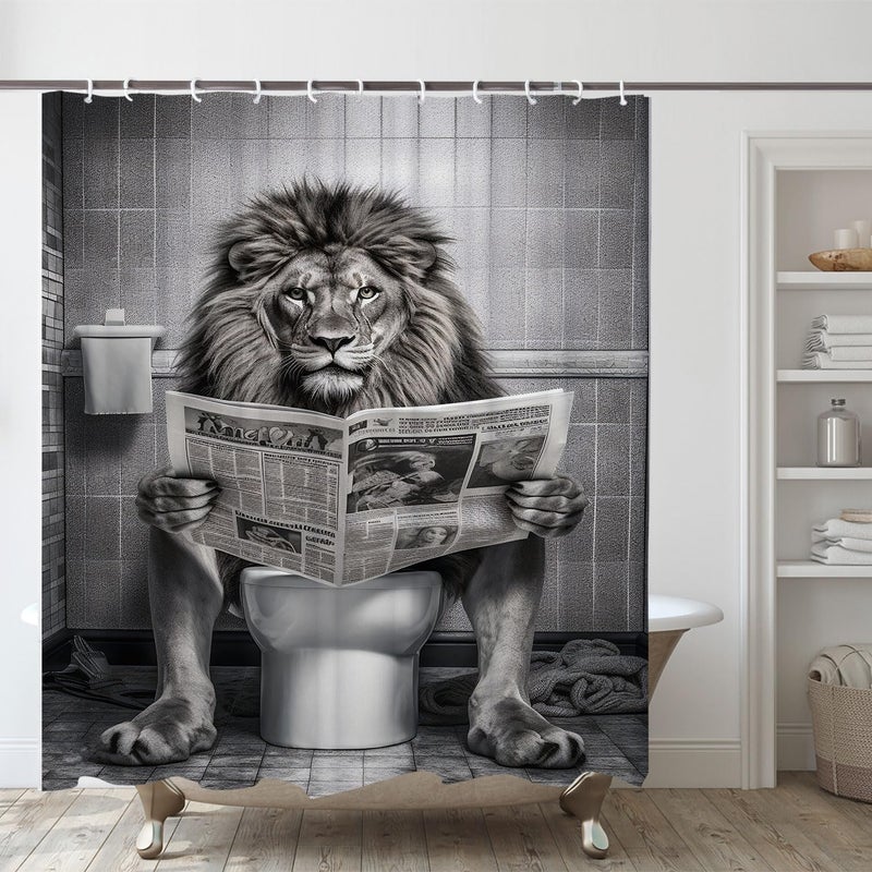 LKFBSC Funny Lion Shower Curtain, Fancy Humor Leo Animal on Toilet Shower Curtains Set, Black and White Funky Shower Curtains, Large Cat Man Grey Bathroom Curtain 72x72 inch - Image 5