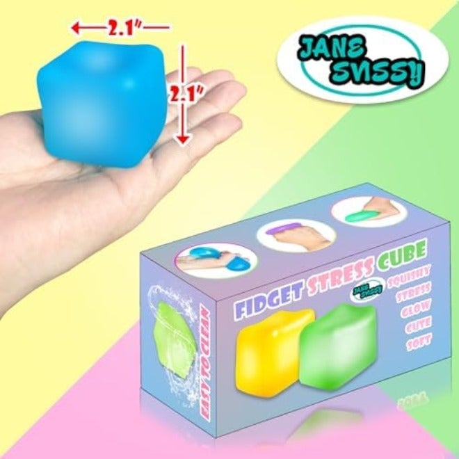 JANESVISSY Glow in the Dark Stress Cube Fidget Toy (2-Pack) - Super Solid Squishy TPR Squeeze Toy for Kids Teens Adults (Blue & Purple) - Image 4