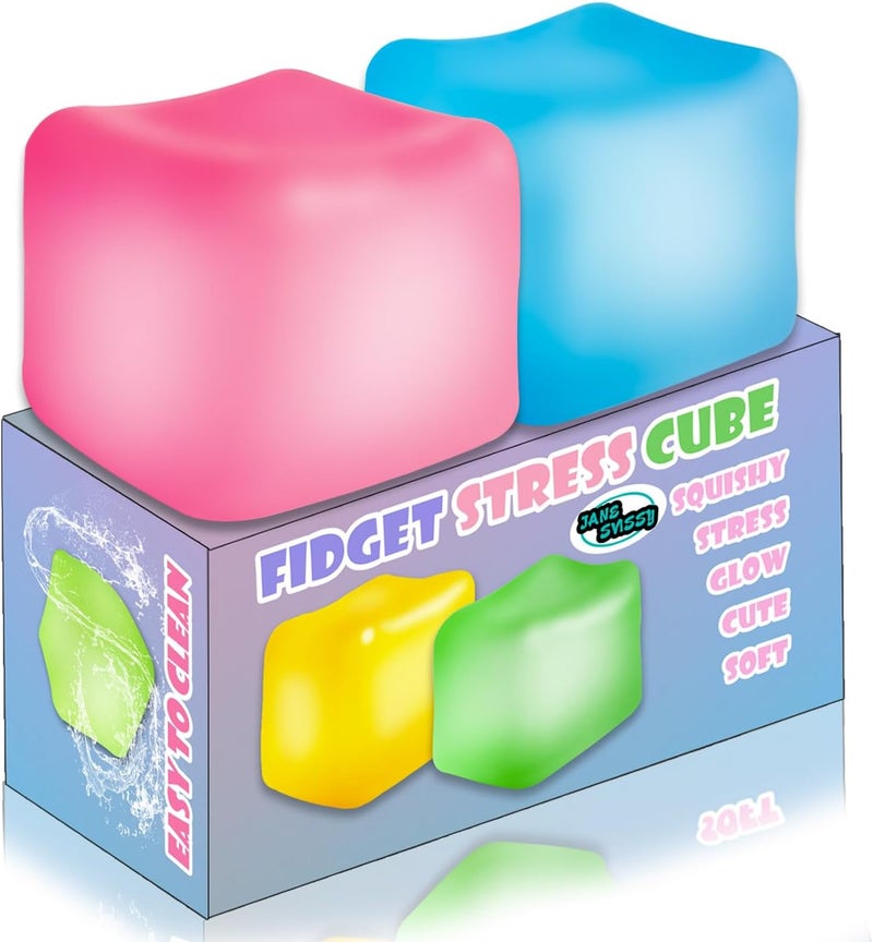 JANESVISSY Glow in the Dark Stress Cube Fidget Toy (2-Pack) - Super Solid Squishy TPR Squeeze Toy for Kids Teens Adults (Blue & Purple) - Image 2