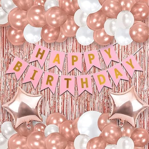 BRIJBAZAAR Birthday Decoration Items For Girls - 49 Pcs Happy Birthday Decorations For Girl | Rose Gold Birthday Decoration Kit For Wife | Rose Gold Balloons For Birthday Decorations - Paper - Image 1