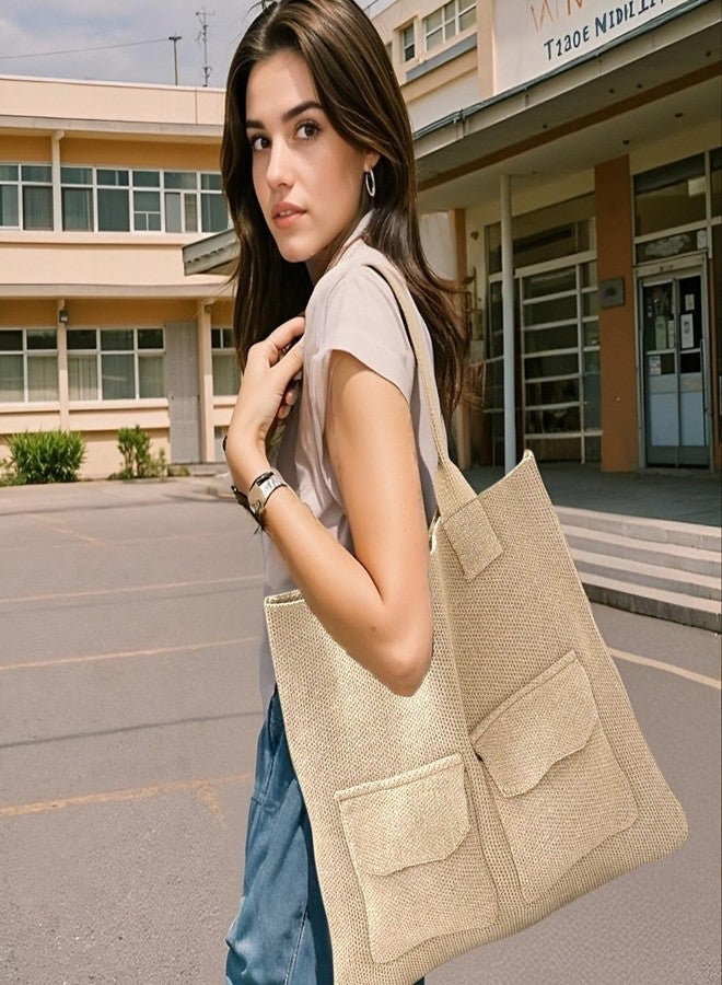ENBEI Women's Crochet Tote Bag Knit Shoulder bag, Beach Bag, Cute Eco-Friendly Handmade Tote for Shopping, Travel, Daily Use (khaki-B) - Image 2