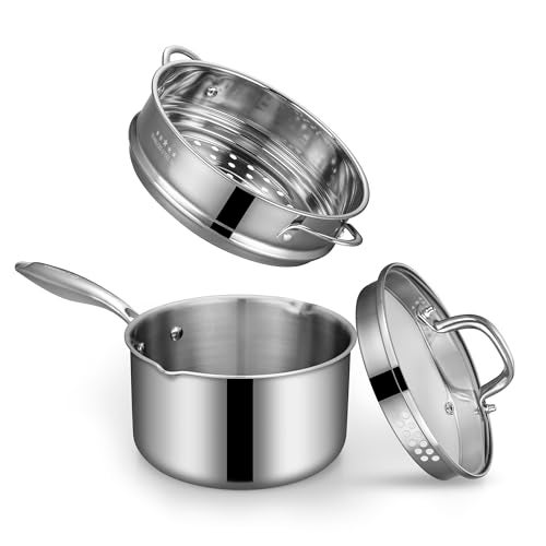 Cyrosa Tri-Ply Stainless Steel Sauce Pan with Steamer Basket & Straining Glass Lid— 2-in-1 Multi-Function Pot for Steaming, Boiling & Simmering — Healthy, Durable, Rust-Resistant, Professional-Grade Cookware - Image 1