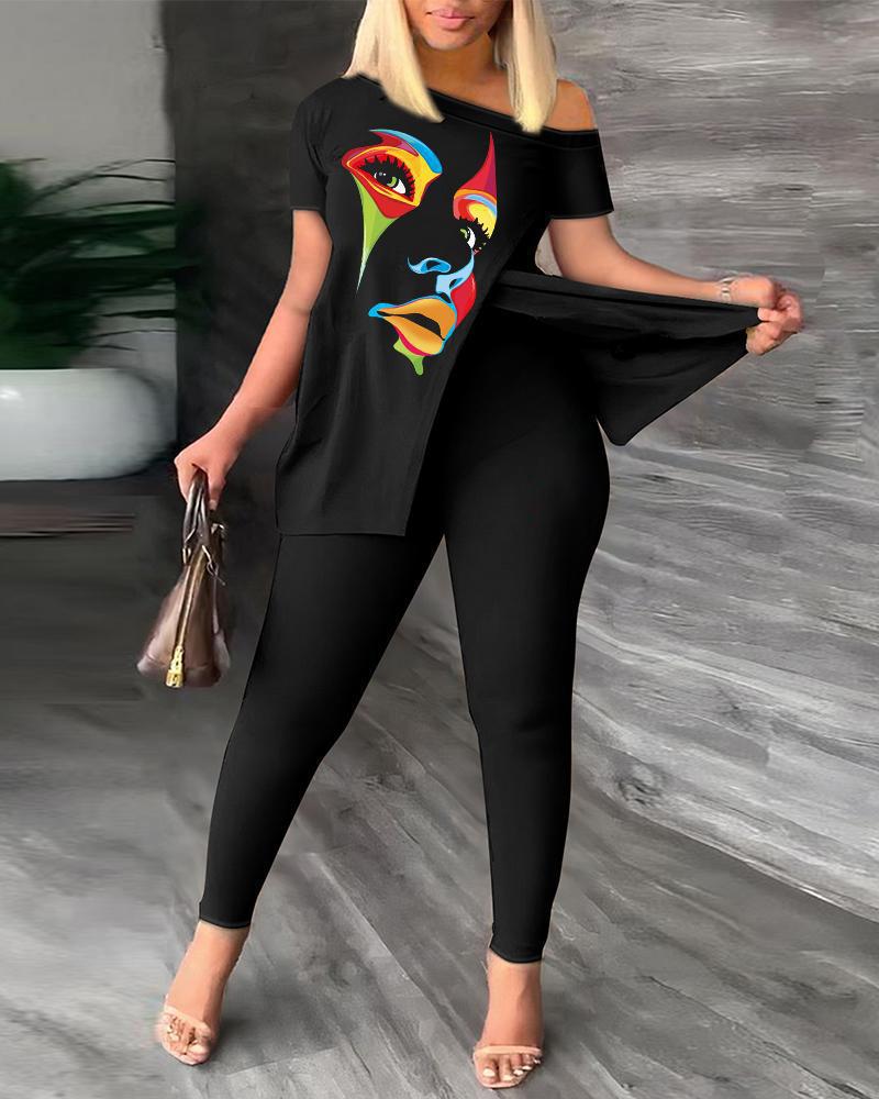 2026 Autumn European and American Women's Fashion Two-Piece Set with Slanted Neckline and Printed Pants