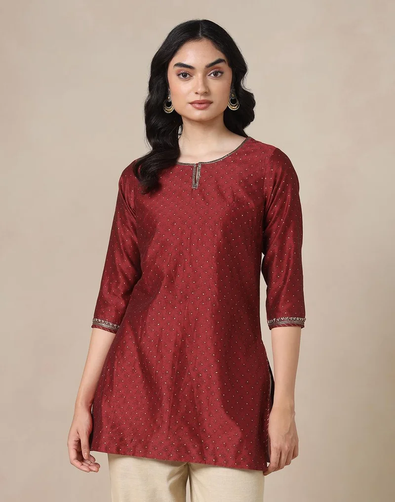 فاب انديا Maroon Cotton Silk Hand Block Printed Slim Fit Short Kurta