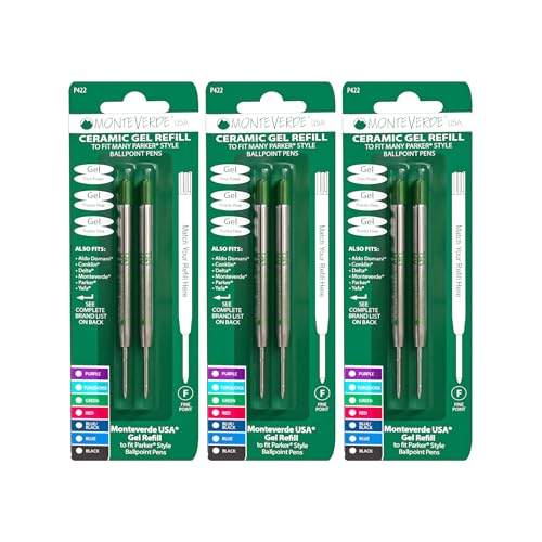 Monteverde Capless Gel Refills to Fit Parker-Style Ballpoint Pens, 0.7mm Fine Point, Green, 6-Pack, Smooth Writing Technology for Parker, Conklin, Schmidt, and More - Image 1