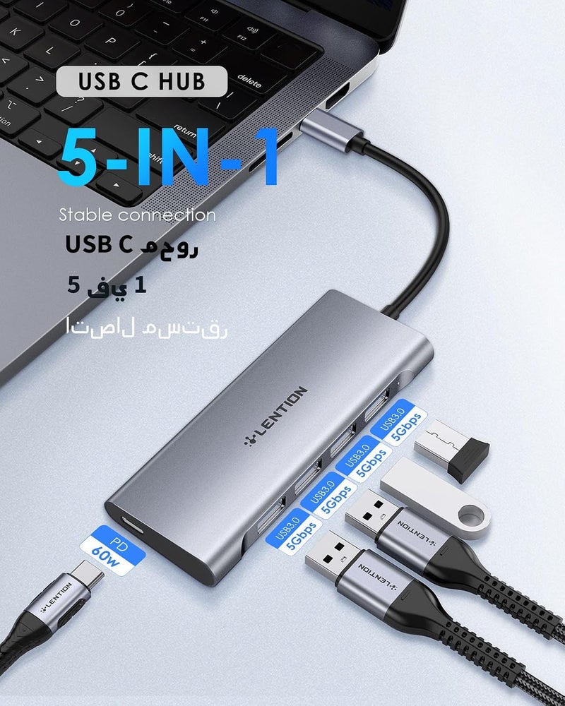 Lention USB C Hub with 4 USB 3.0 Ports and Type C Charging Compatible 2025-2016 MacBook Pro 13/15/16, New Mac Air, Surface Book 3/Go, Chromebook, More, Stable Driver Adapter (CB-C31, Space Gray) - Image 2