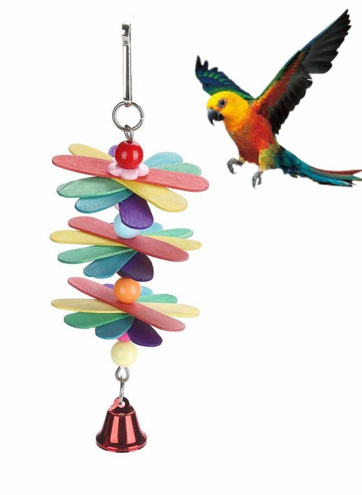 Excefore Wooden Popsicle Sticks Toy with Colorful Beads & Metal Bell for Birds Parrot Parakeet Cockatiel Lovebird Chewing Grind Teeth Pet Cage Supplies - Image 1